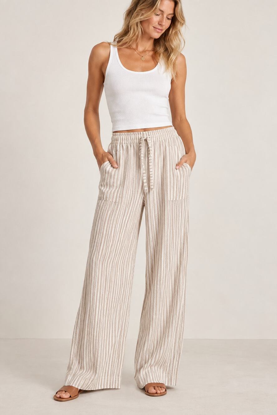 New Daydreamer Striped Wide Leg Beach Pants Tan Cream Size Large